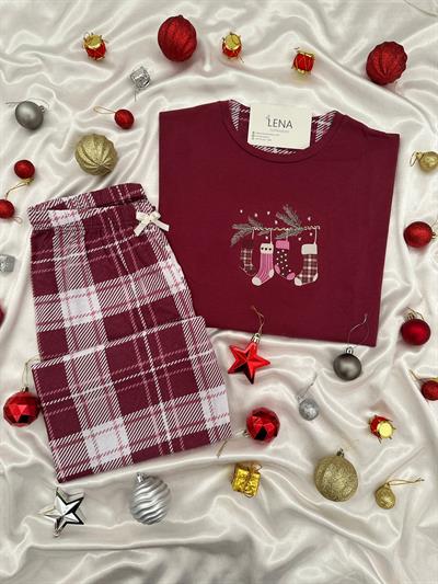 Yılbaşı Bordo Ekoseli Kadın Pijama Takımı
