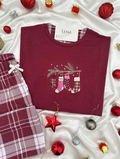 Yılbaşı Bordo Ekoseli Kadın Pijama Takımı