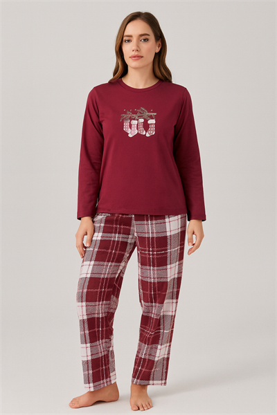 Yılbaşı Bordo Ekoseli Kadın Pijama Takımı