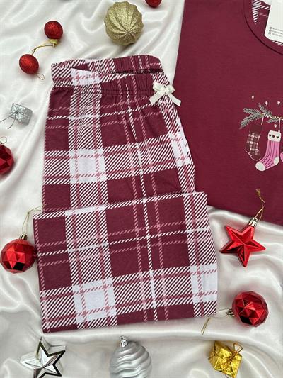 Yılbaşı Bordo Ekoseli Kadın Pijama Takımı