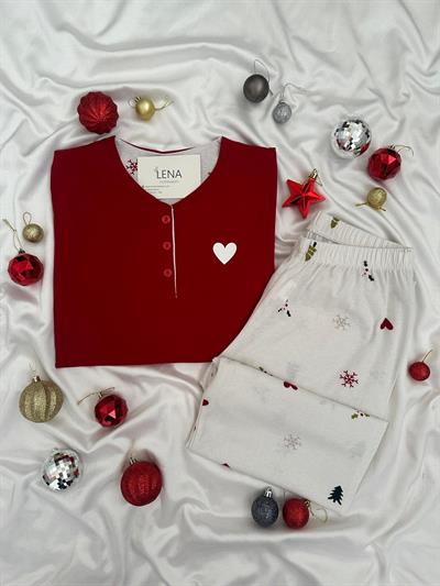 Yılbaşı Kalp Baskılı Kırmızı Pijama Takımı