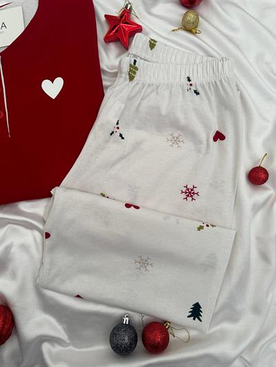 Yılbaşı Kalp Baskılı Kırmızı Pijama Takımı