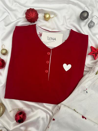 Yılbaşı Kalp Baskılı Kırmızı Pijama Takımı