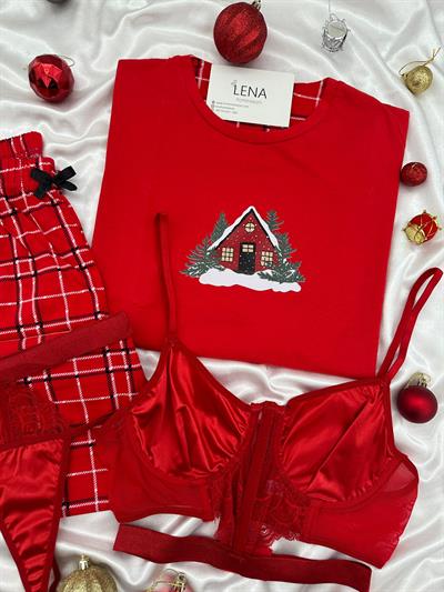Yılbaşı Kırmızı Ev Desenli Dörtlü Kadın Pijama Takımı