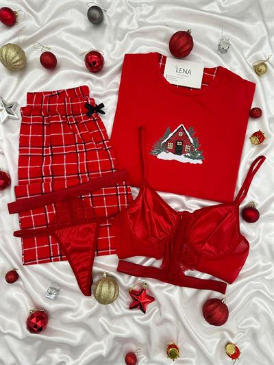 Yılbaşı Kırmızı Ev Desenli Dörtlü Kadın Pijama Takımı