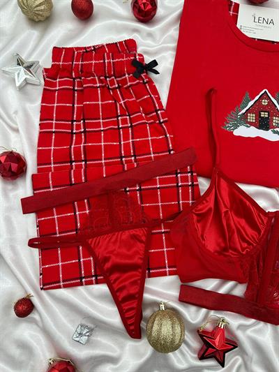 Yılbaşı Kırmızı Ev Desenli Dörtlü Kadın Pijama Takımı