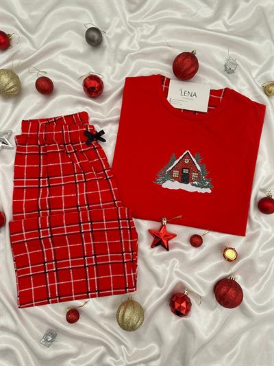 Yılbaşı Kırmızı Ev Desenli Kadın Pijama Takımı