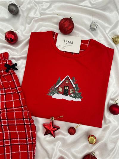Yılbaşı Kırmızı Ev Desenli Kadın Pijama Takımı