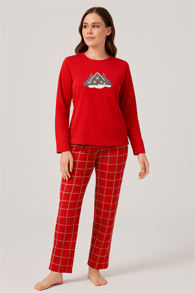 Yılbaşı Kırmızı Ev Desenli Kadın Pijama Takımı