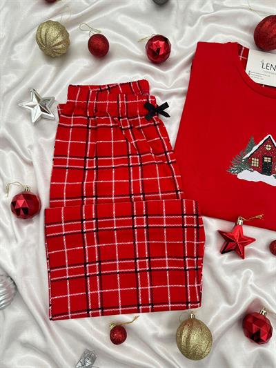Yılbaşı Kırmızı Ev Desenli Kadın Pijama Takımı