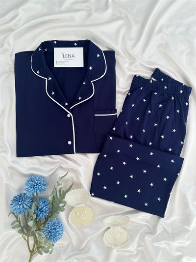 Yıldız Desenli Lacivert Milan Mevsimlik  Pijama Takımı