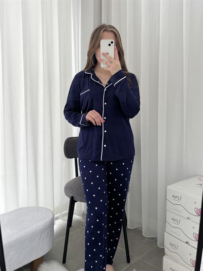 Yıldız Desenli Lacivert Milan Mevsimlik  Pijama Takımı