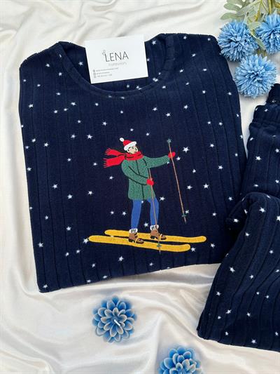 Lacivert Kayak İşleme Detaylı Polar Pijama takımı