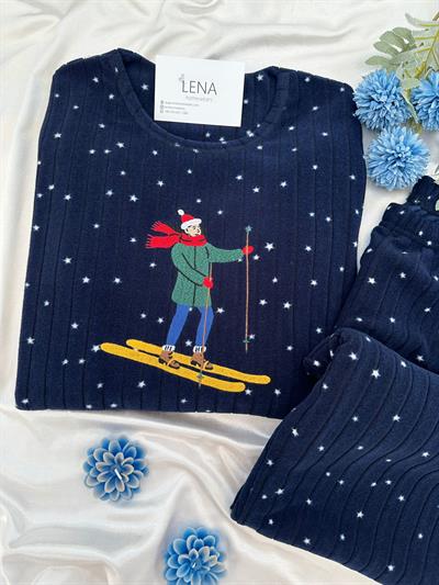 Lacivert Kayak İşleme Detaylı Polar Pijama takımı