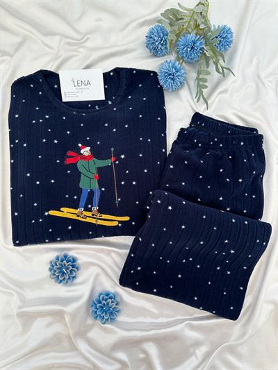Lacivert Kayak İşleme Detaylı Polar Pijama takımı