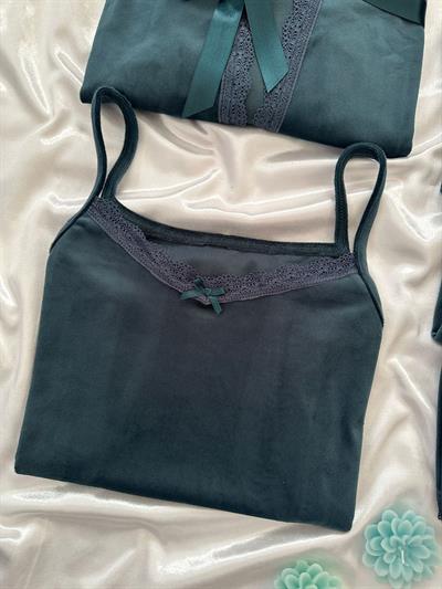 Zümrüt Yeşil Kadife Sabahlıklı Kadın Pijama Takımı