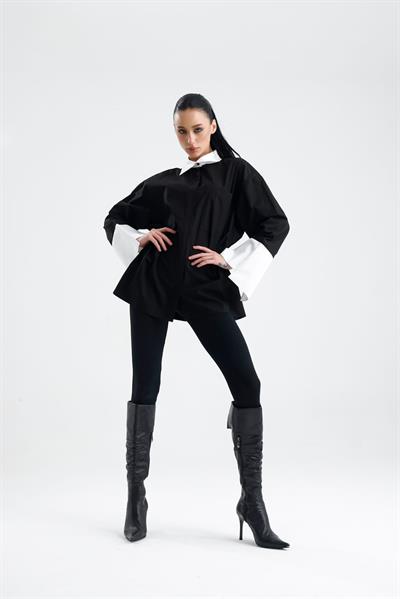 HARİSSA Siyah Geniş Manşetli Oversize Gömlek