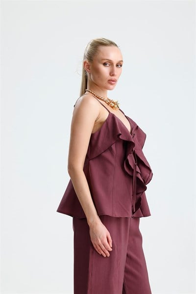 LAVANDA Ön Volanlı Bağcıklı Bluz Ve Pantolon Mürdüm Takım