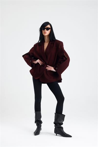 MANAROLA Oversize Bordo Blazer Ceket - Açık/Kesik Kol Detaylı