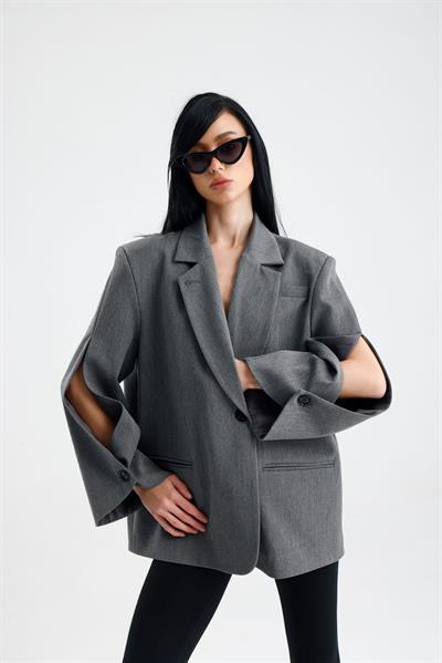 MANAROLA Oversize Gri Blazer Ceket - Açık/Kesik Kol Detaylı