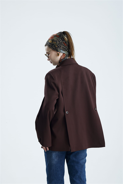MANAROLA Oversize Dark Bordo Blazer Ceket - Açık/Kesik Kol Detaylı