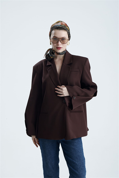 MANAROLA Oversize Dark Bordo Blazer Ceket - Açık/Kesik Kol Detaylı
