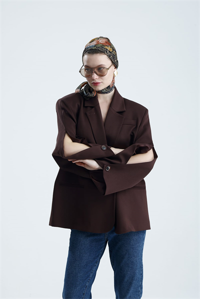 MANAROLA Oversize Dark Bordo Blazer Ceket - Açık/Kesik Kol Detaylı