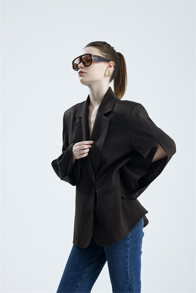 MANAROLA Oversize Kahverengi  Blazer Ceket - Açık/Kesik Kol Detaylı