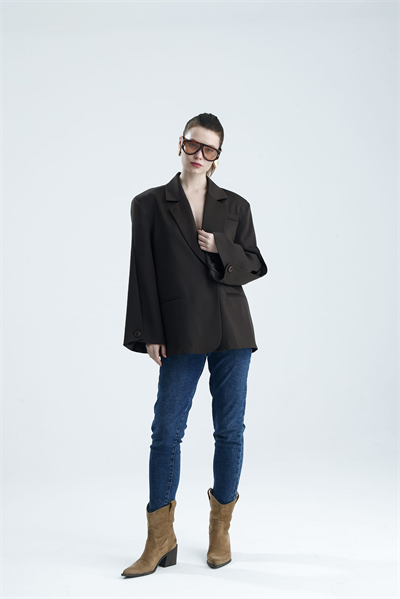 MANAROLA Oversize Kahverengi  Blazer Ceket - Açık/Kesik Kol Detaylı