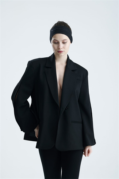 MANAROLA Oversize Siyah Blazer Ceket - Açık/Kesik Kol Detaylı
