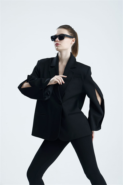 MANAROLA Oversize Siyah Blazer Ceket - Açık/Kesik Kol Detaylı