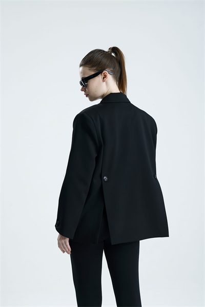 MANAROLA Oversize Siyah Blazer Ceket - Açık/Kesik Kol Detaylı