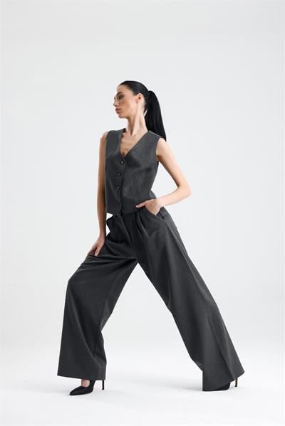 SPELLO Kadın Bol Paça Oversize Gri Kumaş Pantolon