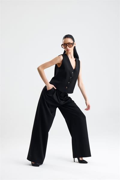 SPELLO Kadın Bol Paça Oversize Siyah Kumaş Pantolon