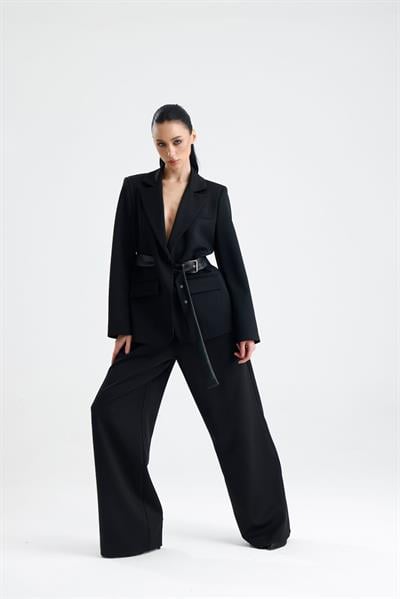 TOLEDO Siyah Deri Kuşaklı Oversize Kadın Blazer Ceket