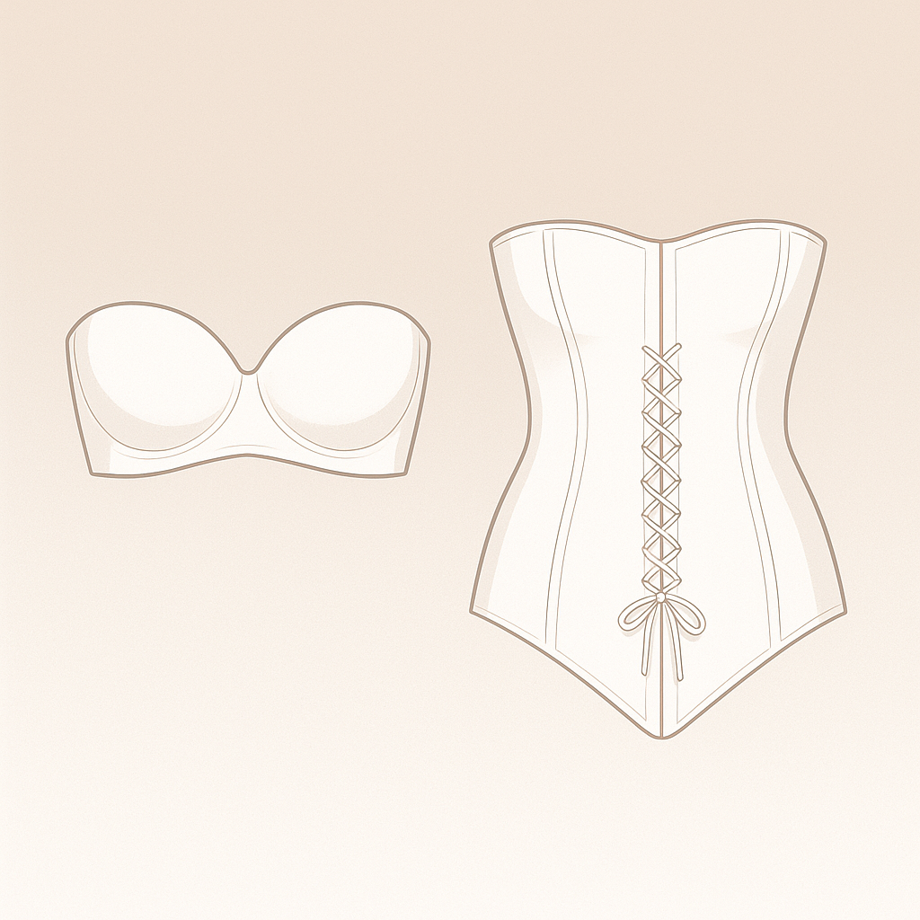 Minimalist bridal lingerie illüstrasyonu – straplez sütyen ve yüksek bel korse
