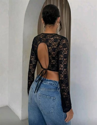 Uzun Kollu Dantel Crop Kadın Arkası Dekolteli Bağcıklı Esnek Şık Üst