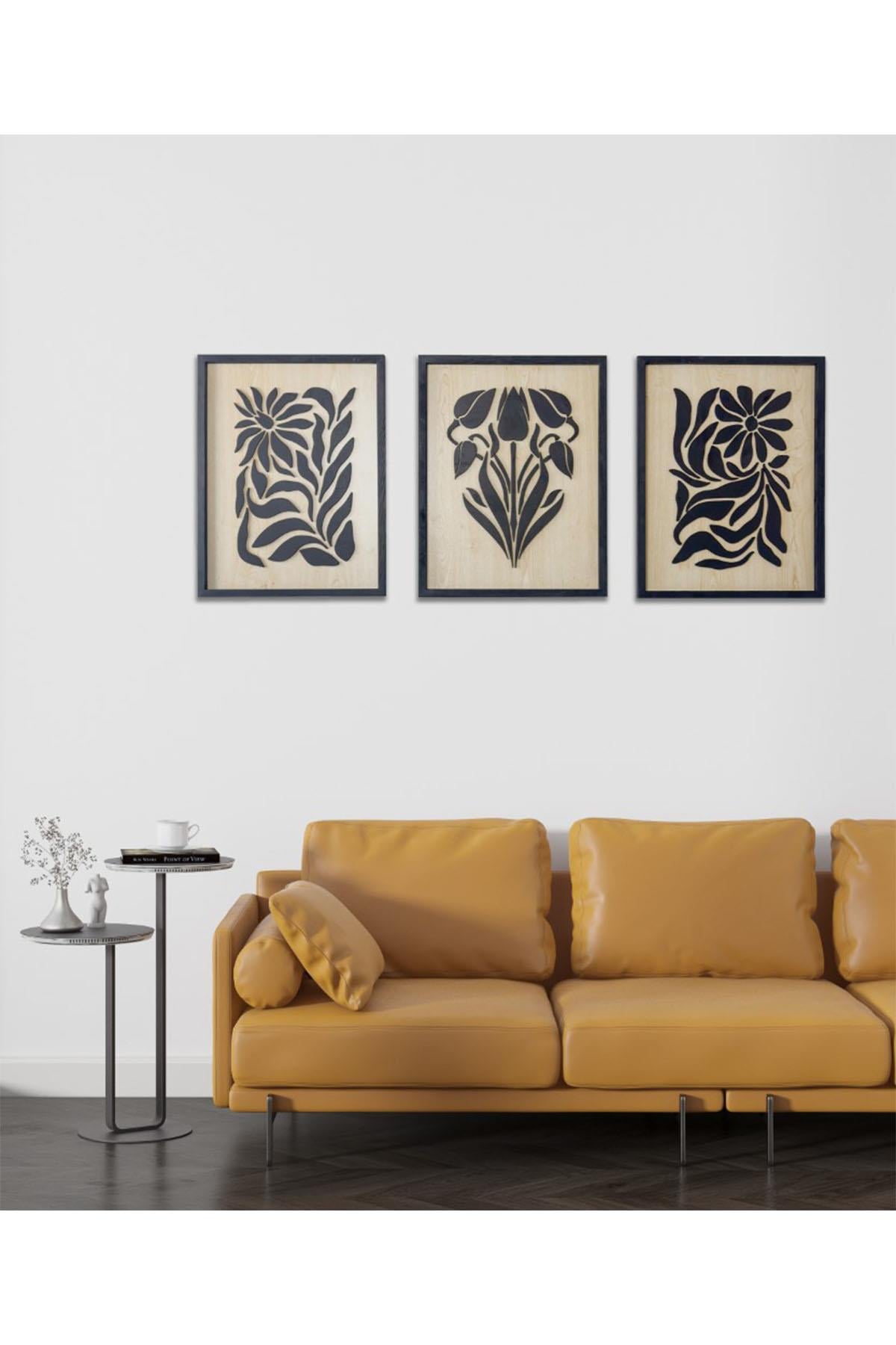 Çiçek 3lü Set Soyut Ahşap Duvar Tablosu