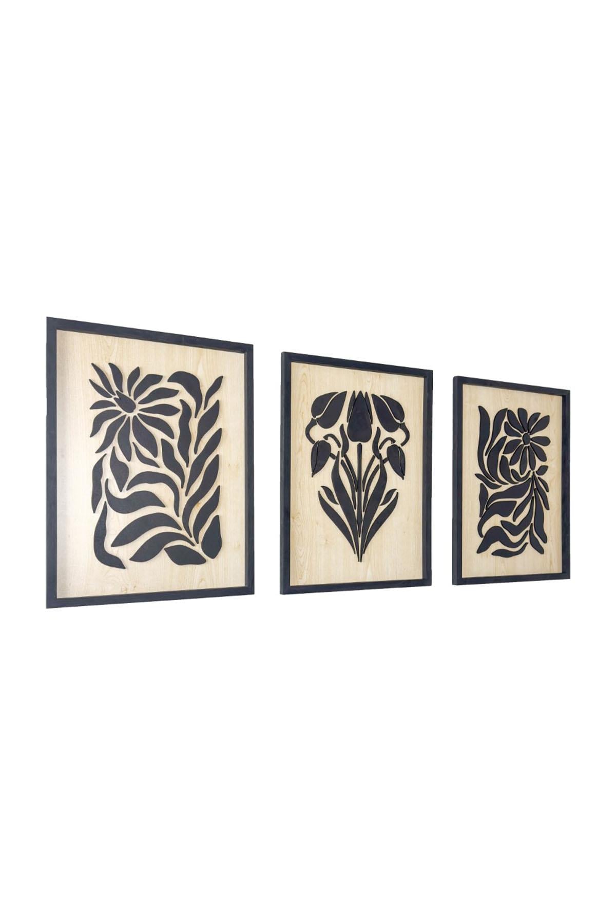 Çiçek 3lü Set Soyut Ahşap Duvar Tablosu