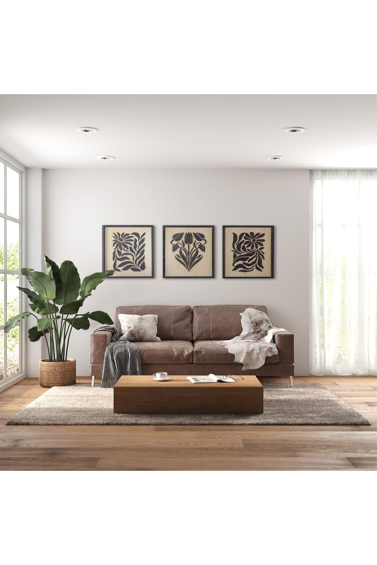Çiçek 3lü Set Soyut Ahşap Duvar Tablosu