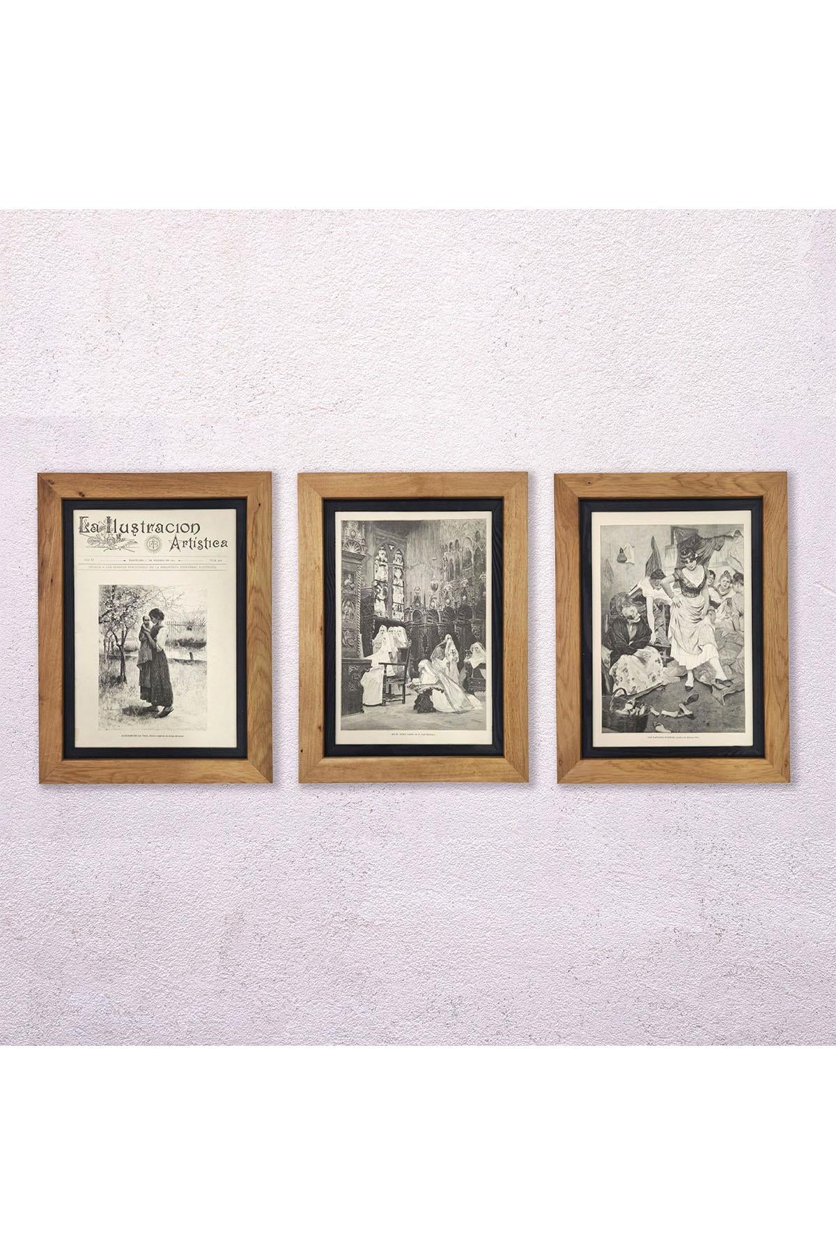 Set of 3 - Original Antique Spanish Oak Framed Cover Magazine: 
