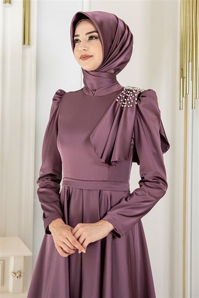 Pınar Şems Fiyonklu Saten Abiye Lila