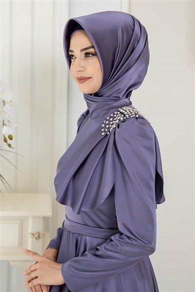 Pınar Şems Fiyonklu Saten Abiye Sisli Mor