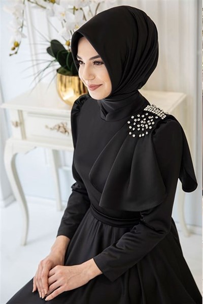 Pınar Şems Fiyonklu Saten Abiye Siyah