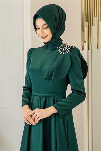 Pınar Şems Fiyonklu Saten Abiye Zümrüt