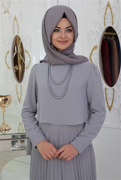 Pınar Şems İnci Piliseli Elbise Gri