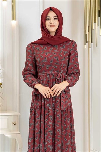 Pınar Şems Şal Desen Elbise Bordo