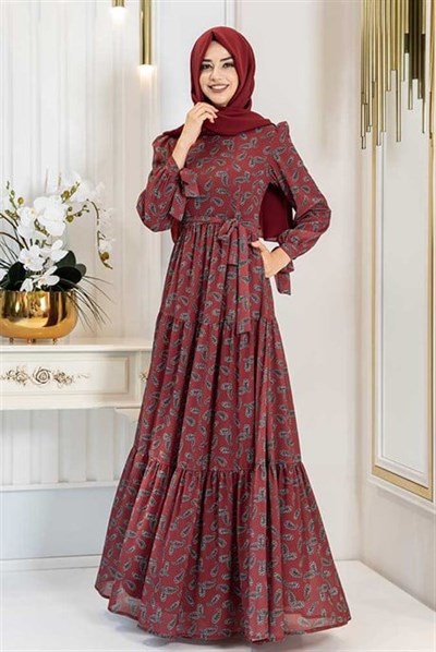 Pınar Şems Şal Desen Elbise Bordo