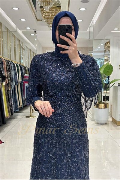 Pınar Şems Taşlı Lavanta Abiye Lacivert