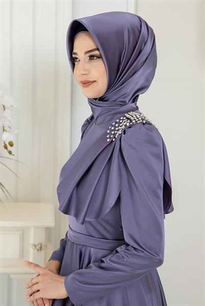 Pınar Şems Fiyonklu Saten Abiye Sisli Mor